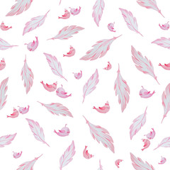 Watercolor tender airy digital wallpaper of pink feathers and birds. Great for gift wrapping, web sites, scrapbooking, photo albums and other creative projects.