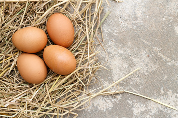top view four brown eggs on rice straw with concrete background.
