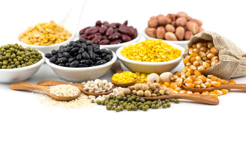 Healthy Grains,A variety of cereal crops for health. Healthy Grains on Old Wood Table, copy space.