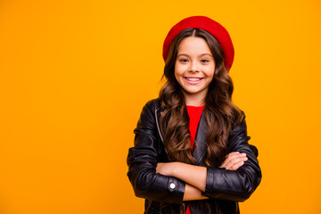 Close-up portrait of her she nice attractive charming lovely cheerful cheery glad wavy-haired girl folded arms modern trend isolated over bright vivid shine vibrant yellow color background