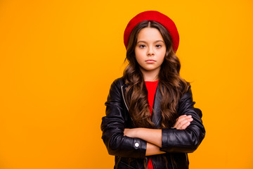 Close-up portrait of her she nice-looking attractive charming lovely cute fashionable wavy-haired girl folded arms isolated over bright vivid shine vibrant yellow color background