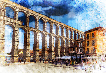 Plaza del Azoguejo and Roman Aqueduct of Segovia, one of the best-preserved elevated Roman Aqueducts and is a symbol of Segovia. Castile and Leon, Spain. Watercolor sketch style.