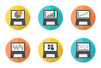 Flat icon design of Computer Labtop with Graph. Rounded button. Vector Illustration. Pixel perfect.