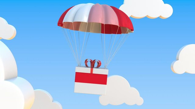 Carton with flag of Indonesia falls with a parachute. Loopable conceptual 3D animation