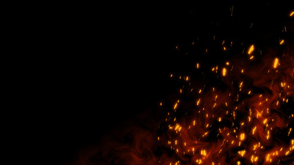 Fototapeta na wymiar Burning red hot flying sparks fire in the night sky. Beautiful abstract background flying wing shape on black background.