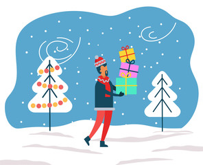 Woman with gifts and presents for winter holidays, new year and christmas. Female character with packages and boxes decorated with paper. Landscape with trees and snowflakes, snowing weather vector