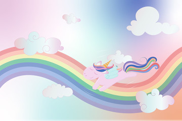 Fototapeta na wymiar Unicorn in magical landscape rainbow on pastel sky background.