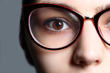 Close-up view of female right eye wearing glasses