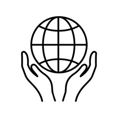 Hand holds the planet earth. Outline thin line flat illustration. Isolated on white background. 