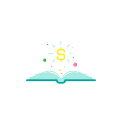 Black Open book with dots, stars and black dollar sign flying out isolated on white.