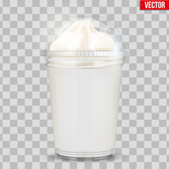Clear plastic cup with ice cream and sphere dome cap. Plastic ice cream container with label. Vector Illustration on transparent background.