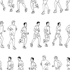 Fototapeta na wymiar Seamless pattern of outlines group city men jogging