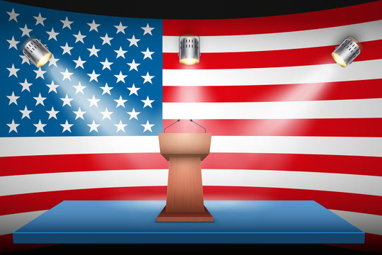Podium Speaker Tribune with US Election 2020 symbol. Politician speaking place on USA flag background and spotlights. Vector Illustration
