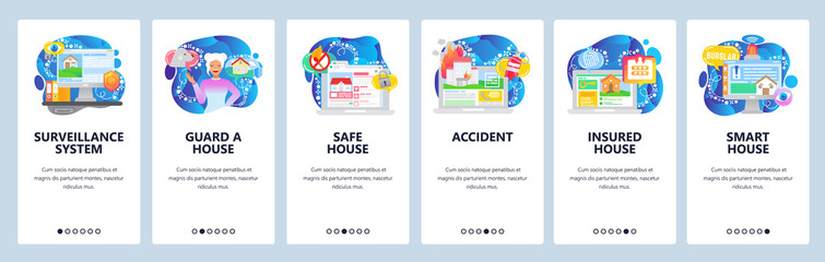 House safety and protection, surveillance system, smart house, accident insurance. Mobile app onboarding screens. Menu vector banner template for website and mobile development. Web site illustration