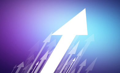 Group of white arrows rise up. Over puple background.