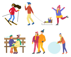 Fototapeta na wymiar Collection of winter characters, isolated set of man and woman leading active lifestyle. Skiing female and child. Couple sitting on wooden bench. Personage with snowball, sculpting snowman vector