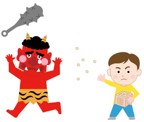 節分の日に鬼に向かって豆を投げる少年　白背景