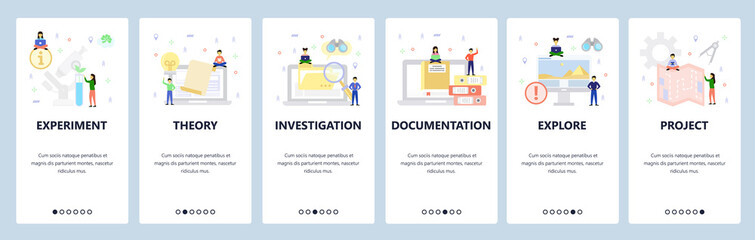 Science research, theory and experiment, documents, project plan. Mobile app onboarding screens. Menu vector banner template for website and mobile development. Web site design flat illustration - obrazy, fototapety, plakaty