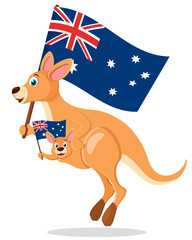 Kangaroo with a baby in a bag jump and wave flags on a white. Australia day