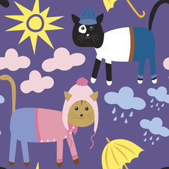 Seamless pattern. Cute cartoon cats on a colored background. Flat vector illustration.