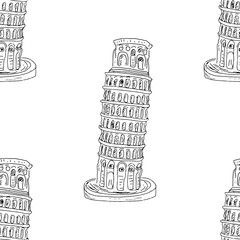 Leaning Tower of Pisa seamless pattern, hand drawn sketched background. vector illustration