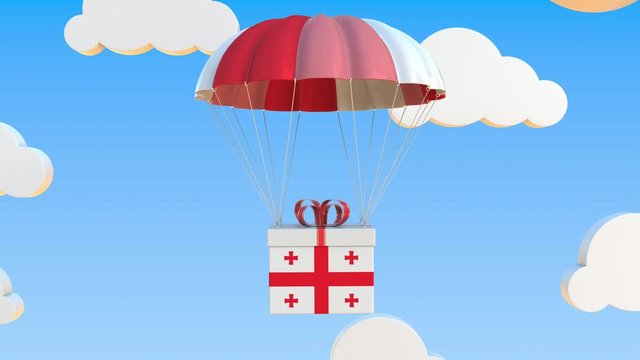 Box with national flag of Georgia falls with a parachute. Loopable conceptual 3D animation