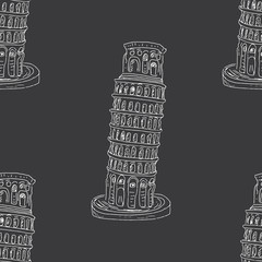 Leaning Tower of Pisa seamless pattern, hand drawn sketched background. vector illustration