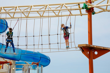 Happy little kid boy climbing on high rope course trail. Active child making adventure and action on family vacations. Challenge for brave kids.