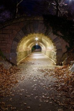 Nighttime image looking through Inscope Arch in New York City’s Central Park with falling leaves inside the tunnel.