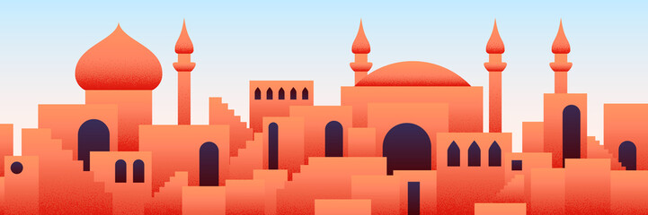 Arabic city panorama in orange desert color with mosque silhouettes