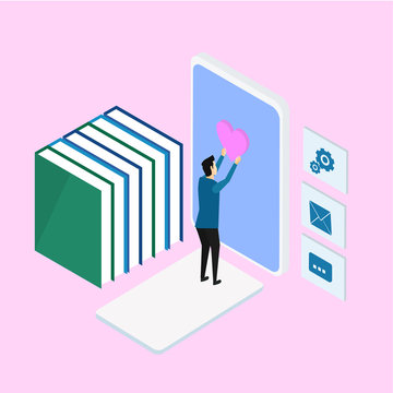 Man hold Isometric heart.ometric phone with push notifications. Social media design.