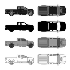 car top view sketch contour shape and side pickup , for parking scheme or architecture presentation , actual proportion size. Black isolated on white vector, popular brand Ford F-150, common model - obrazy, fototapety, plakaty