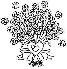 Coloring bouquet of flowers with a heart. Flower buds for children's coloring.