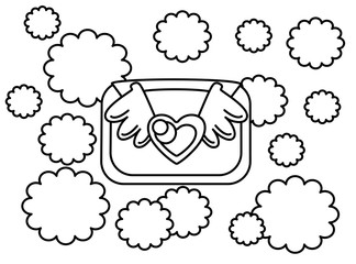 Coloring page with mail envelope. A mail envelope with a heart soars through the air among the clouds. Valentine's Day, love, family.