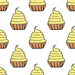 Seamless background with cakes baskets with yellow cream. Endless pattern on white background. Vector image. Sweet food.