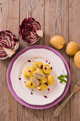 Potato gnocchi stuffed with radicchio and ricotta.