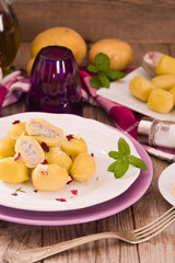 Potato gnocchi stuffed with radicchio and ricotta.