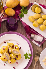 Potato gnocchi stuffed with radicchio and ricotta.