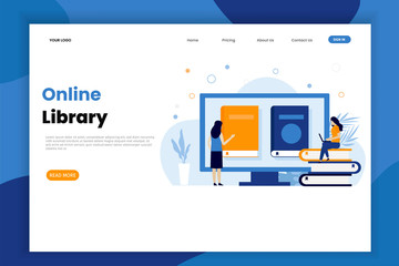 Online library landing page template with character. Online reading illustration. 