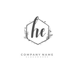Handwritten initial letter H E HE for identity and logo. Vector logo template with handwriting and signature style.