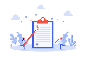 concept of tiny doctor holding pencil to check medical report and holding tablet, flat vector illustration for web, landing page, ui, banner, editorial, mobile app and flyer