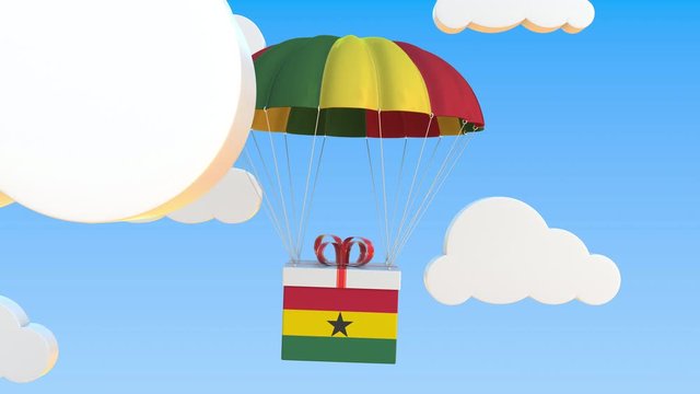 Box with national flag of Ghana falls with a parachute. Loopable conceptual 3D animation