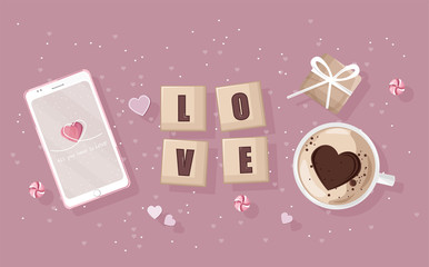 Smart phone with romantic day composition. Gift boxes, coffee with heart shapes