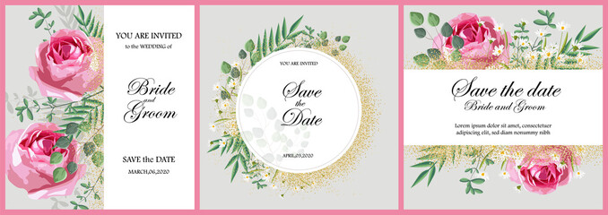 Set of romantic invitation cards with rose flowers, green leaves and chamomile