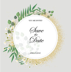 Romantic invitation card with leaves and chamomile flowers