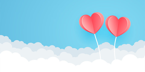 Obraz na płótnie Canvas Two origami pink paper balloon heart shape flying on the sky over the cloud. Valentine's day holiday card. Vector illustration