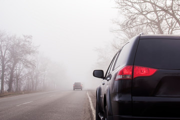 Fototapeta premium Cars on the road in the fog. Bad winter weather and dangerous automobile traffic on the road. Light vehicles in fog. Foggy gray road, cars driving fading into the fog. Space for text.