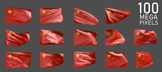 China flag isolated - various realistic renders of the waving flag on grey background - object 3D illustration