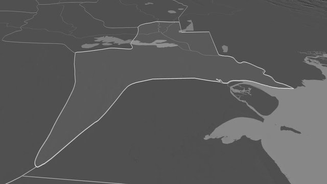 Al-Basrah, province with its capital, zoomed and extruded on the bilevel map of Iraq in the conformal Stereographic projection. Animation 3D