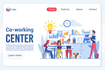 Obraz na płótnie Canvas Co-working center center landing page vector template. Office structure, workplace and rest zone, company staff, employees faceless characters. Teamwork, cooperation web banner homepage design layout